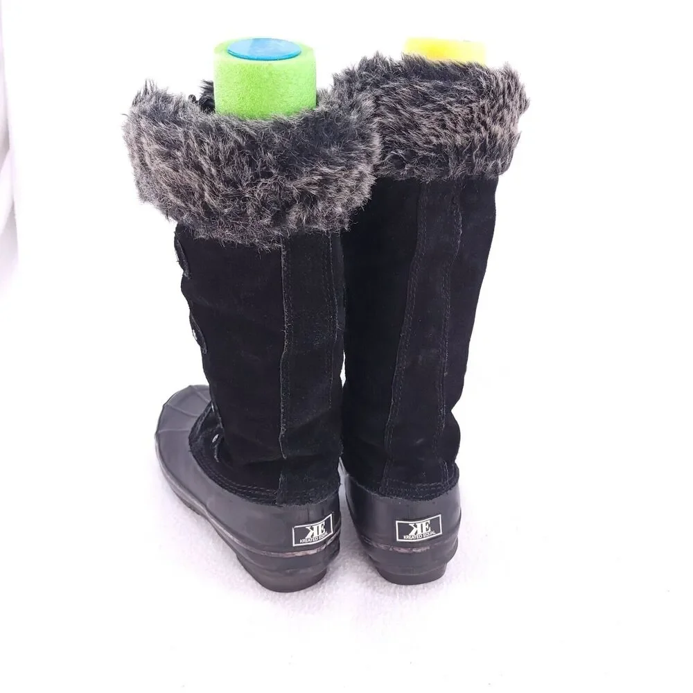Kreated Equal Suede Winter Boots Womens 7 Black Faux Fur Trim Laced EX32